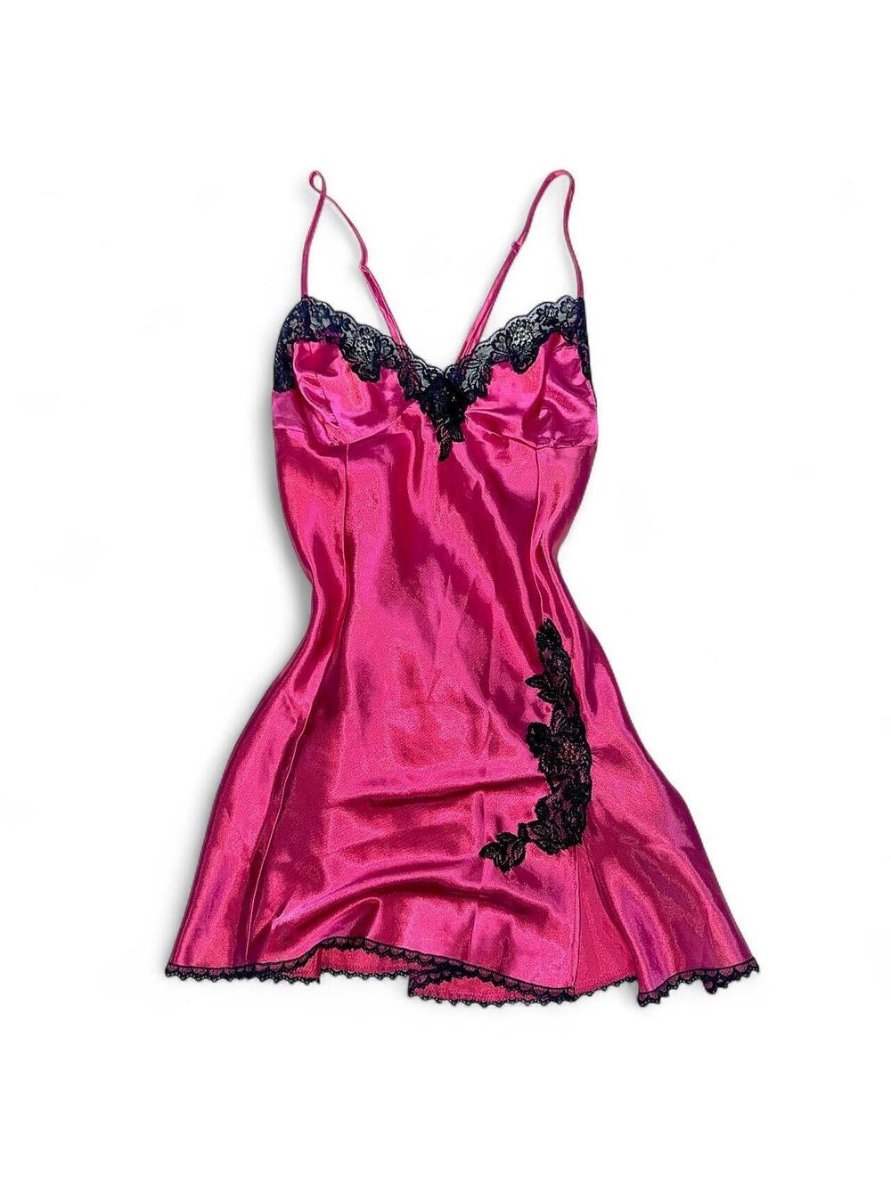 Frederick’s of Hollywood Pink Satin Lace Mini Slip Dress Medium
